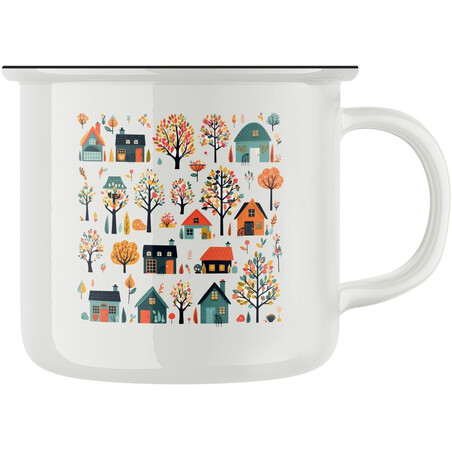 Keramický retro hrnek "Domky a podzim za oknem"